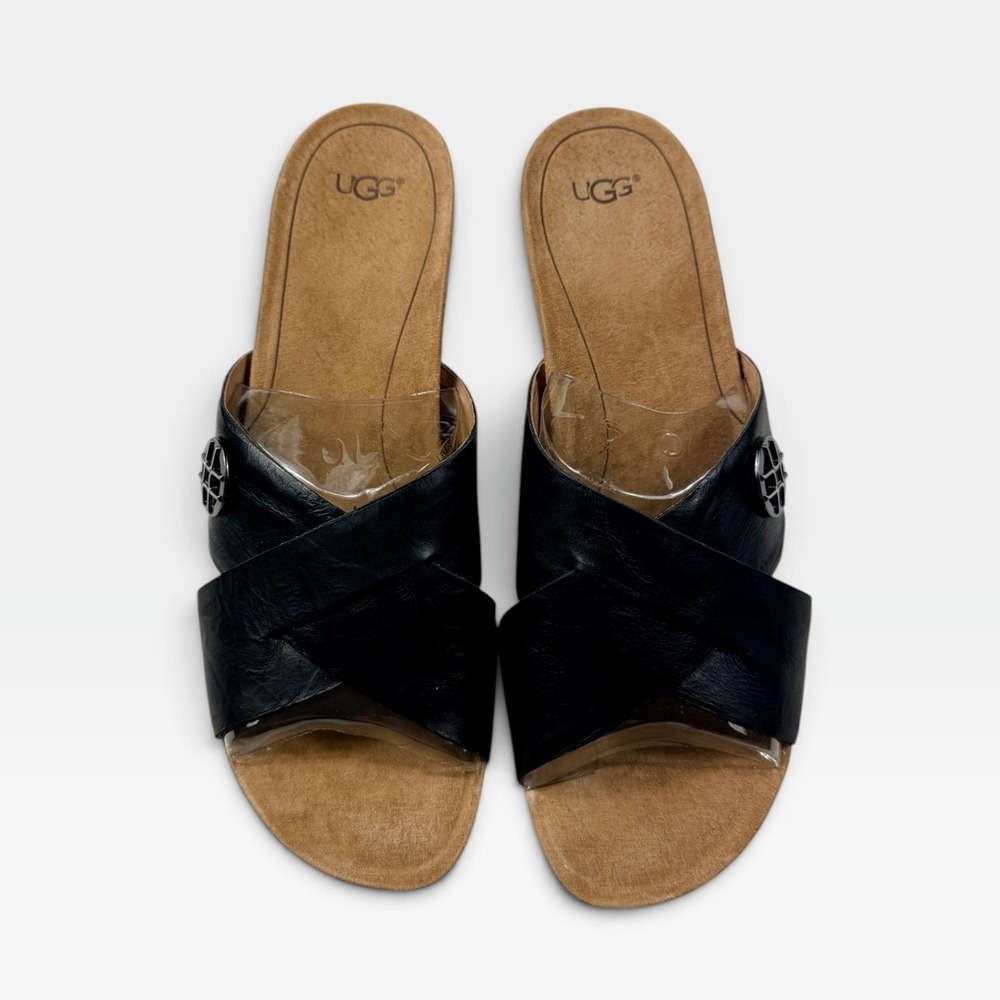 UGG Lyra Wedge Sandal Womens 10 Black Leather Cork Slide 1009854 New